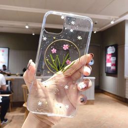Dried Flower Pressed Cases For Iphone 15 Pro MAX 14 Plus 13 12 11 Pro X XR XS 8 7 6 Fashion Dry Real Floral Foil Confetti Clear Lucky Grass Stars Foil Hard Acrylic PC TPU Cover