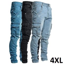 Men s Jeans Washed for Men Solid Color Multi Pockets Denim Mid Waist Cargo Plus Size Fashion Casual Trousers Male Daily Wear 231129
