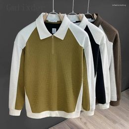 Men's Hoodies Korean Light Luxury Shirt High-end Color-blocked Waffle Half-zip Sweatshirt Autumn Breathable Lapel Long-sleeved Top Chic