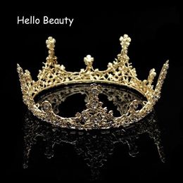 Gold Color Baroque Vintage Men Diadem Large Crystal Full Round Prom King Crown Wedding Pageant Queen Tiara Bridal Hair Jewelry Y192687