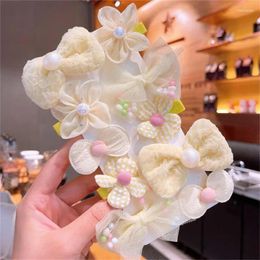 Hair Accessories 2Set Colourful Flower Fabric Girls Hairbands Sweet Flowers Bow Elastic Ropes Scrunchies Kids Ties No Hanging Clip