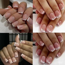 False Nails 24pcs/set Short Fake Accessories Sample French White Square Tips Design Faux Ongles Press On Acrylic Nail Supplies