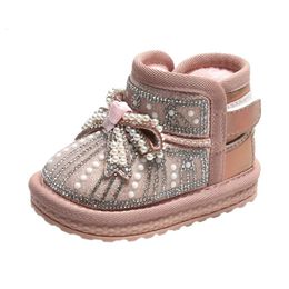 Boots Winter Baby Snow Butterfly knot Pearl Warm Plush Grils Princess Soft Sole Ankle Toddler Kids 231128