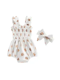 Rompers Infant Baby Girl Summer Romper Outfits Sleeveless Smocked With Headband Jumpsuit Bodysuit