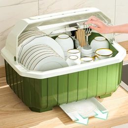 Kitchen Storage Silverware Drainer Basket Plate Cup Dish Drying Rack Household Dishware Box With Cover
