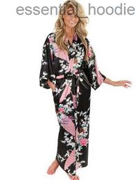 Women's Sleep Lounge Brand New Black Women Silk Kimono Robes Long Sexy Nightgown Vintage Printed Night Gown Flower Plus Size S M L XL XXL XXXL A-045 L231129