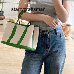 Genuine Leather Garden Bag Green Canvas Handheld Commuter with Top Layer Cowhide Stainless Steel Hardware L logo