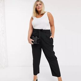 bottoms Plus Size Tie Waist Elegant Work Office Tailored Pants Women Pocket Sides Black Tapered Ankle Pants Trousers Large Size 6XL 7XL