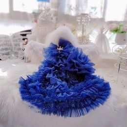 Dresses Highend Handmade Luxury Dog Clothes Pet Dress All Stars Blue Tulle Trailing Gown Multi Layers Skirt Noble Princess One Piece