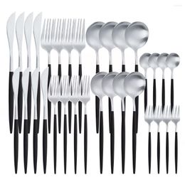 Dinnerware Sets Silverware 32Pcs Cutlery Set Black Silver Matte Stainless Steel Western Dessert Forks Knives Spoons Tableware