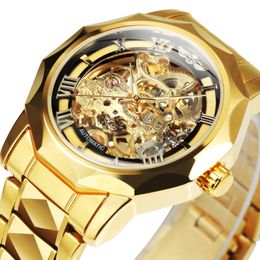 Wristwatches WINNER Luxury Skeleton Mechanical Watch for Men Golden Royal Dodecagon Case Carved Movement Stainless Steel Strap Luminous Hands 231128