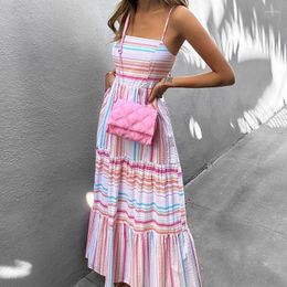 Casual Dresses Spring Women Elegant Fashion Stripe Strap Bohemian Dress Sleeveless High Waist Corset Long Streetwear