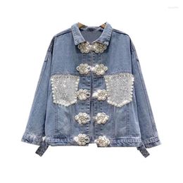 Women's Jackets 2024 Spring Denim Jacket Women Heavy Industry Diamond Studded Bead Disc Buckle Loose Jeans Coat Clothes Vintage