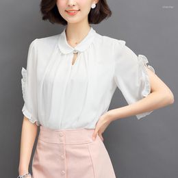 Women's Blouses Summer Women Ladies White Pink Korean Cute Elegant Collared Sweet Ruffle Short Sleeve Chiffon Office Shirts Tops 2023