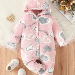 Rompers Toddler Active baby girl Love pattern fuzzy button up hooded clothing Jumpsuit Winter style Romper 231128