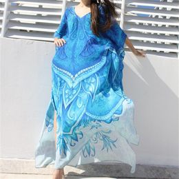 Dresses Oversize Ocean Blue Bohemian Printed Kaftan Beach Dress Plus Size Tunic Women Summer Beachwear Half Sleeve Maxi Dress Robe N669