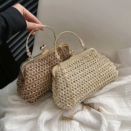 Evening Bags Summer Beach Straw Bags Exquisite Gold Chain Party Banquet Purse Hand Woven Handbag Female Clutch Bag Shoulder Crossbody Bags 231129