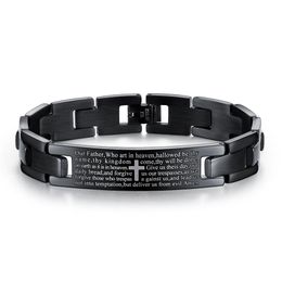 12mm Black Lord's Prayer Cross Charm Bracelet in Stainless Steel Curved Tag Cross Bracelet264I