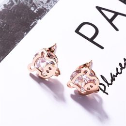 Stud Fashion Jewelry Accessories Cartoon Pig Set Zircon Titanium Steel Earrings Rose Gold Allergy Earrings Whole190A