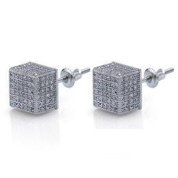 Hip Hop Mens Screwback Stud Earrings Fashion Square White Zircon Dangle Earrings Gold Plated Vintage Geometric Jewellery Whole257H