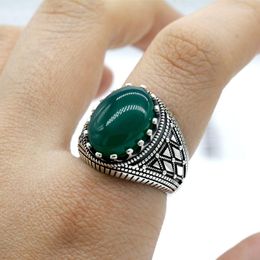 Cluster Rings Real Silver Vintage Men's Ring 925 Sterling With Oval Natural Green Onyx Check Stripe Design Turkey Jewelry Gift