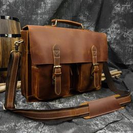 Briefcases Vintage Crazy Horse Leather Men Briefcase Genuine Man Male Shoulder Messenger Portfolio Bag Business Laptop Handbag Case