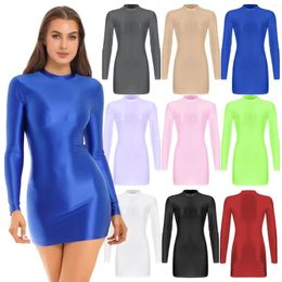 Casual Dresses Women's Sexy Babydolls Dress Mini Bodycon Shiny Long Sleeve Pencil Party Clothing Erotic Lingerie Clubwear