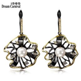 DreamCarnival 1989 Lotus Flower Earrings Hollow Created Pearl CZ Black Gold Color Hip Hop Pendientes tipo gota Parties Jewelries 2295N