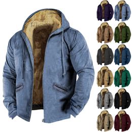 Men's Jackets Men Warm Coats Plus Velvet Thick Corduroy Jackets Male Fur Collar Winter Casual Jacket Mens Outwear Thermal Hooded Clothing 231129