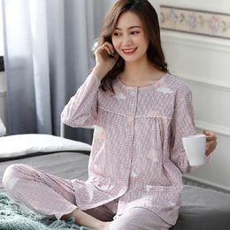 Women's Sleepwear Spring Autumn Women Long-Sleeve Set Elderly Mother Cotton Cardigan Floral Pant Suit Winter Pyjamas Female M-5XL