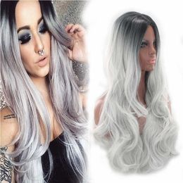 Synthetic Wigs Fashion Animation Wig Color Highlights Black Gray Gradient Harajuku Wig Cos Female Long Curly Hair