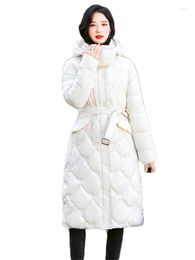 Women's Trench Coats Down Cotton Coat Women White Long Stand Collar Hooded Parka 2023 Winter Korean Fashion Fresh Sweet Belt Slim Warmth