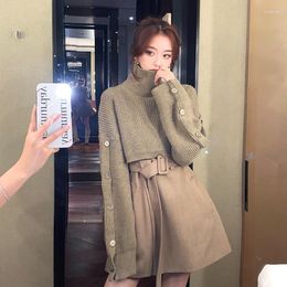 Dresses Kong Style Net Red Autumn Winter Cotton-padded Thickened Turtleneck Woollen with Lace-up Suit Dress
