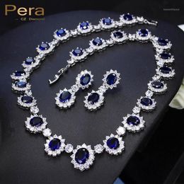 Pera CZ Big Round Cubic Zirconia Bridal Wedding Royal Blue Stone Necklace And Earrings Jewellery Sets For Brides J1261253f