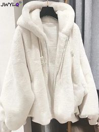 Women's Fur Faux Fur White Imitation Lambwool Outwear Top Coat Women Winter Warm Furry Overcoat Casual Sobretudos Hooded Faux Rabbit Fur Plush Jacket 231128