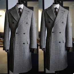 Men's Suits Blazers Houndstooth Mens Long Overcoat Casual Woollen Coat Lapel Blazer Plaid Wedding Tuxedos Costume Homme Mariage 231128