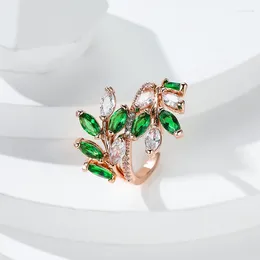 Cluster Rings Delicate Rose Gold Colour Marquise Cut Zircon Leaf Open Ring Green Dark Blue Pink Gemstone Index Finger For Women Jewel