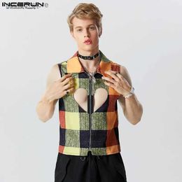 Men's Vests Men Vests Plaid Lapel Sleeveless Zipper Hollow Out Streetwear Men Waistcoat Sexy Personality Fashion Unisex Vests S-5XL Q231129