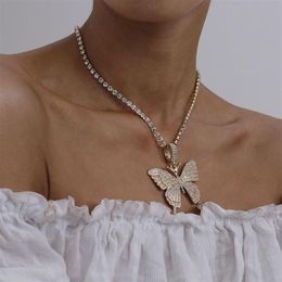Statment Big Butterfly Pendant Necklace Hip Hop Iced Out Rhinestone Chain for Women Bling Tennis Chain Crystal Animal Choker Jewel2779