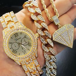 Hip Hop Choker 8 Miami Cuban Bracelet & Crystal Rhinestone Watch & Iced Out Geometric Pendant Necklace Gold Color Jewelry Se275W