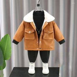 Jackets Boys PU Leather Lamb Velvet Thickened Jacket Winter Children's Clothing 2-9 Years Old Overcoat Warm