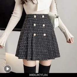 Skirts MOUKYUN Pearls Buttons Plaid Tweed Mini Skirts Women High Waist Vintage Plaid Woollen Skirt Pleated Shorts Skirt Zipper Harajuku 231129