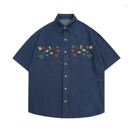 Men's Casual Shirts American Vintage Fun Embroidery Denim Short Sleeve Shirt Mens And Womens Loose Summer Jacket