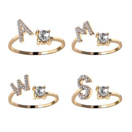 A-Z Letter Gold Colour Metal Adjustable Opening Couple Rings Initials Name Alphabet Female Creative Finger Trendy Party Jewelry206t