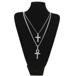 Egyptian Ankh With Cross Pendant Necklace Set Rhinestone Crystal Key To Life Egypt Cross Necklaces Hip Hop Jewelry Set220Z