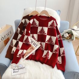 Women's Sweaters Winter Clothes Women Kawaii Sweater Christmas Tree Jumpers Red White Plaid 2023 Femme O Neck Loose Year Top J008