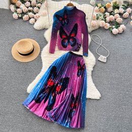 Two Piece Dress Autumn Butterfly Print Stretch Two Pieces Set Women Turtleneck Long Sleeve Pullover Top + Elastic Waist Pleated Midi Skirt Suit 2023