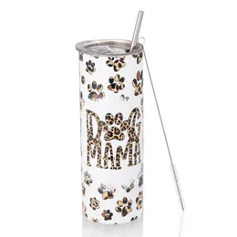 20oz Dog Mom Gifts For Cute Print Dog Paw Print skinny Tumbler Vacuum Insulated Mug with Lid Stainless Steel Straw and Cleaning Brush