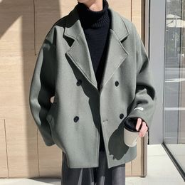 Men's Wool Blends Men Korean Solid Winter Coat Wool Coat Male Black Harajuku Trench Coat Flannel Button Jackets And Coats 231128