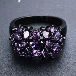 Small Oval Purple Crystal Zircon Star Flower Rings For Women Men Vintage Black Gold Multicolor Stone Ring Female Wedding Jewelry226h